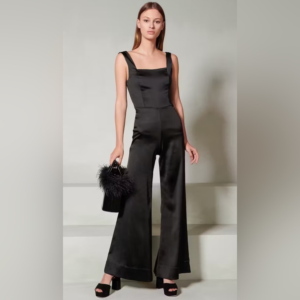 STAUD Donna black flare leg square neck jumpsuit. 10
